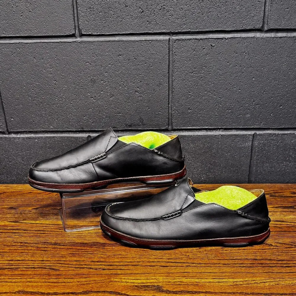 OluKai Men's Black Leather Slip-On Sneakers with Neon Green Insole